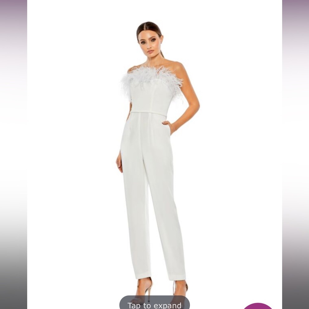 Mac Duggal White Feather-Trim Strapless Jumpsuit
